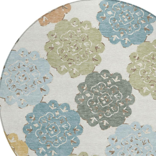 HomeRoots 8' Stylish Quatrefoil Area Rug in Pacific Blue, Ivory & Copper – Washable, Durable for Indoors & Outdoors 661107
