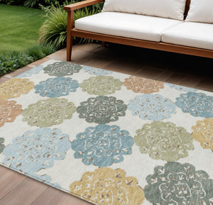 HomeRoots 10' Pacific Blue Ivory Copper Quatrefoil Area Rug - Washable, Durable for Indoor & Outdoor Spaces 661110
