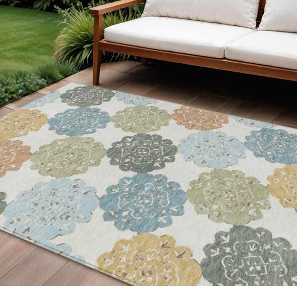 HomeRoots 10' Pacific Blue Ivory Copper Quatrefoil Area Rug - Washable, Durable for Indoor & Outdoor Spaces 661110