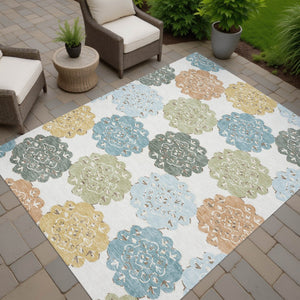 HomeRoots 10' Pacific Blue Ivory Copper Quatrefoil Area Rug - Washable, Durable for Indoor & Outdoor Spaces 661110