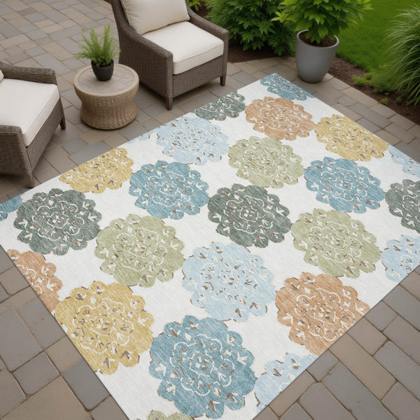 HomeRoots 10' Pacific Blue Ivory Copper Quatrefoil Area Rug - Washable, Durable for Indoor & Outdoor Spaces 661110