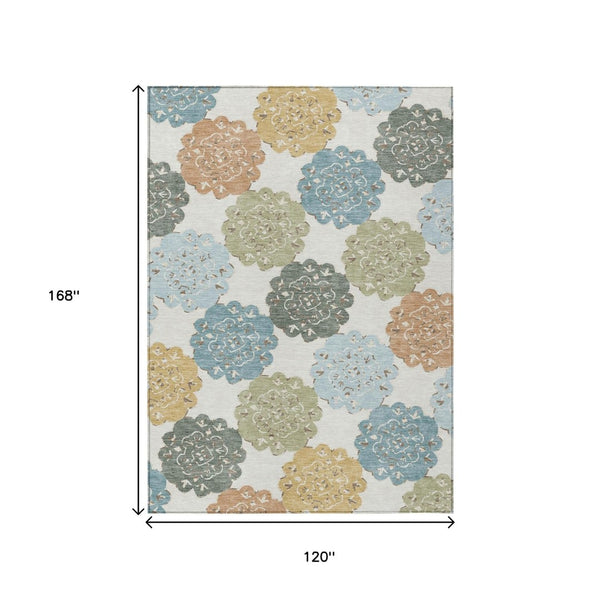 HomeRoots 10' Pacific Blue Ivory Copper Quatrefoil Area Rug - Washable, Durable for Indoor & Outdoor Spaces 661110