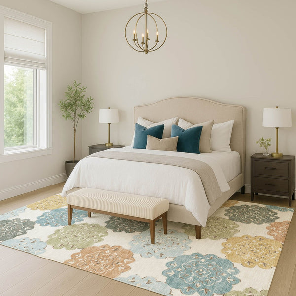 HomeRoots 10' Pacific Blue Ivory Copper Quatrefoil Area Rug - Washable, Durable for Indoor & Outdoor Spaces 661110