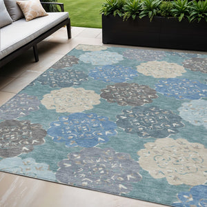 HomeRoots 5' X 8' Teal Blue Beige Ivory Quatrefoil Rug - Stylish, Washable, Indoor/Outdoor, Stain-Resistant Design 661112