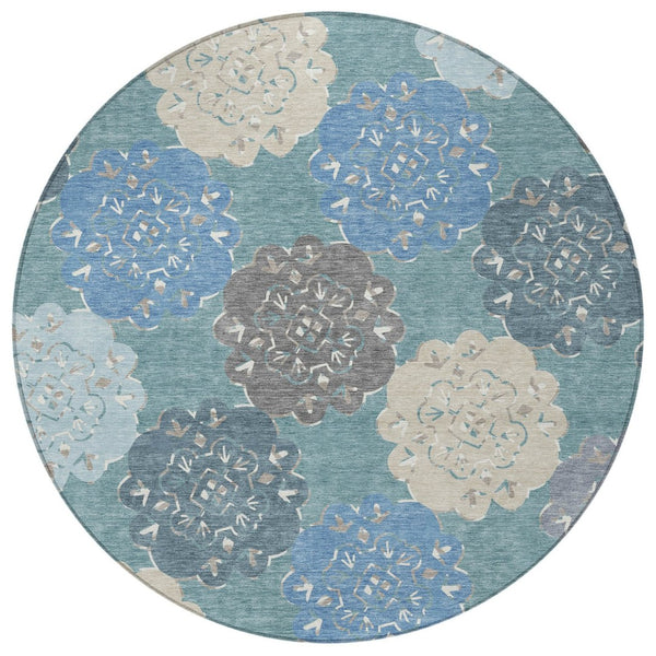 HomeRoots 8' Stylish Teal Blue and Beige Round Quatrefoil Area Rug – Durable, Washable, Indoor/Outdoor Design! 661113
