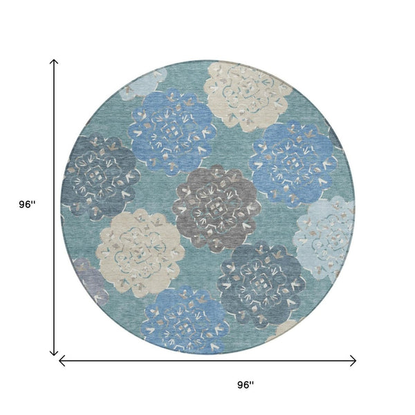 HomeRoots 8' Stylish Teal Blue and Beige Round Quatrefoil Area Rug – Durable, Washable, Indoor/Outdoor Design! 661113
