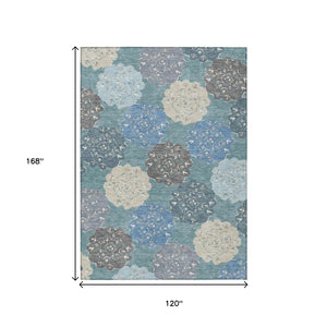 HomeRoots 10' X 14' Teal Blue Beige Ivory Quatrefoil Washable Rug - Durable Indoor/Outdoor Style for Any Space 661116