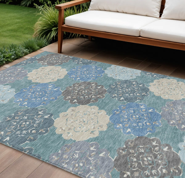 HomeRoots 10' X 14' Teal Blue Beige Ivory Quatrefoil Washable Rug - Durable Indoor/Outdoor Style for Any Space 661116