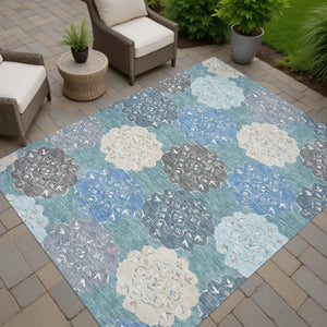HomeRoots 10' X 14' Teal Blue Beige Ivory Quatrefoil Washable Rug - Durable Indoor/Outdoor Style for Any Space 661116