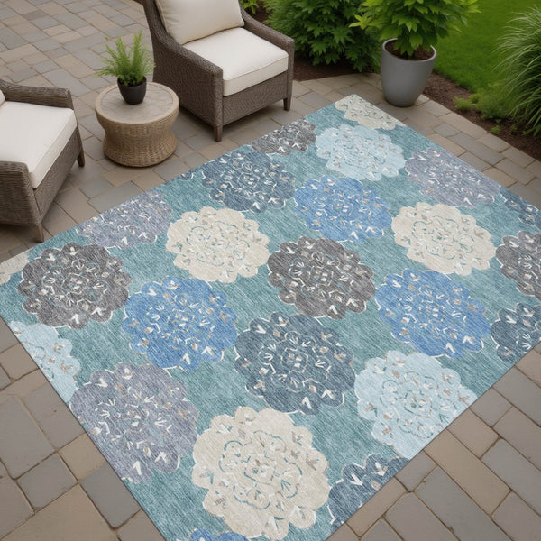 HomeRoots 10' X 14' Teal Blue Beige Ivory Quatrefoil Washable Rug - Durable Indoor/Outdoor Style for Any Space 661116