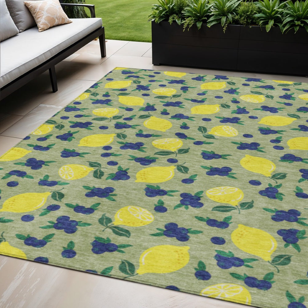 HomeRoots 5' Vibrant Lemon Motif Area Rug in Artichoke Green, Yellow & Blue - Durable, Washable & Stylish! 661118