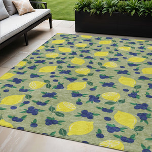 HomeRoots 5' Vibrant Lemon Motif Area Rug in Artichoke Green, Yellow & Blue - Durable, Washable & Stylish! 661118