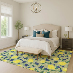 HomeRoots 5' Vibrant Lemon Motif Area Rug in Artichoke Green, Yellow & Blue - Durable, Washable & Stylish! 661118