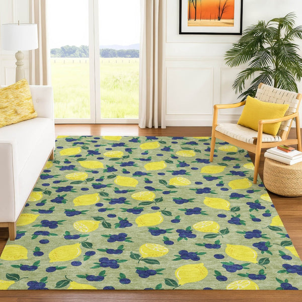 HomeRoots 5' Vibrant Lemon Motif Area Rug in Artichoke Green, Yellow & Blue - Durable, Washable & Stylish! 661118