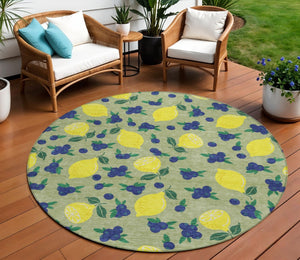HomeRoots 8' Vibrant Lemons Round Area Rug in Artichoke Green, Yellow & Blue - Washable for Indoor/Outdoor Use 661119