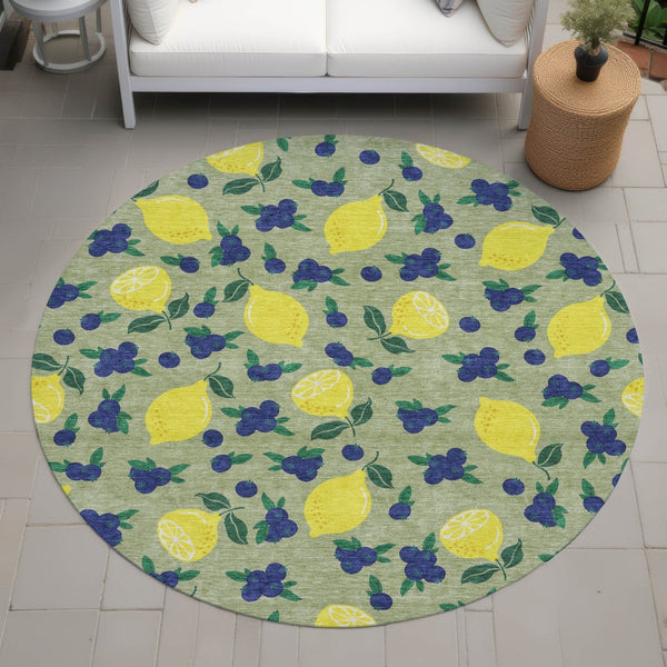 HomeRoots 8' Vibrant Lemons Round Area Rug in Artichoke Green, Yellow & Blue - Washable for Indoor/Outdoor Use 661119