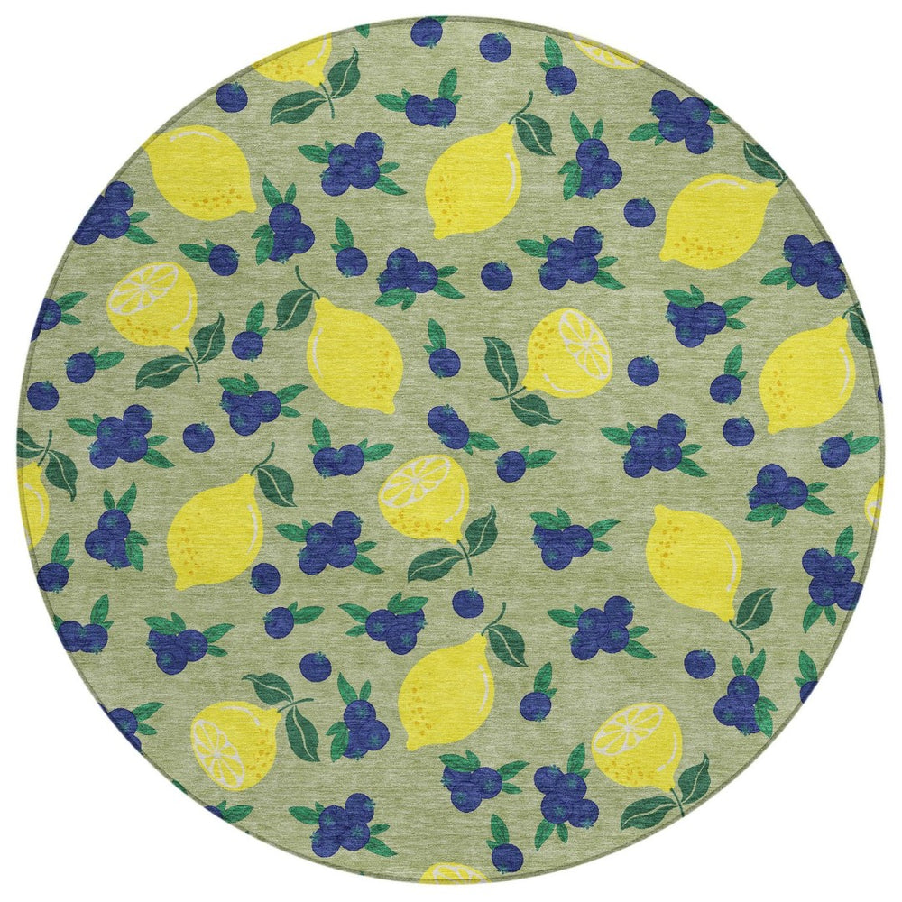 HomeRoots 8' Vibrant Lemons Round Area Rug in Artichoke Green, Yellow & Blue - Washable for Indoor/Outdoor Use 661119