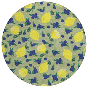 HomeRoots 8' Vibrant Lemons Round Area Rug in Artichoke Green, Yellow & Blue - Washable for Indoor/Outdoor Use 661119