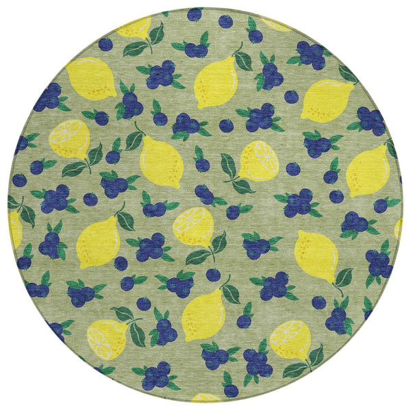 HomeRoots 8' Vibrant Lemons Round Area Rug in Artichoke Green, Yellow & Blue - Washable for Indoor/Outdoor Use 661119