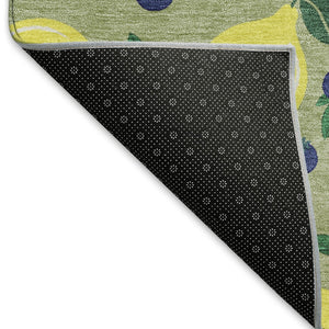 HomeRoots 8' Vibrant Lemons Round Area Rug in Artichoke Green, Yellow & Blue - Washable for Indoor/Outdoor Use 661119