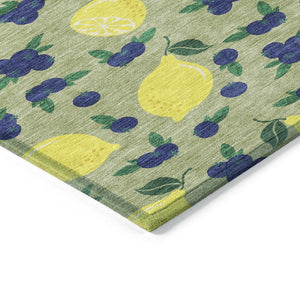 HomeRoots 8' Vibrant Lemons Round Area Rug in Artichoke Green, Yellow & Blue - Washable for Indoor/Outdoor Use 661119