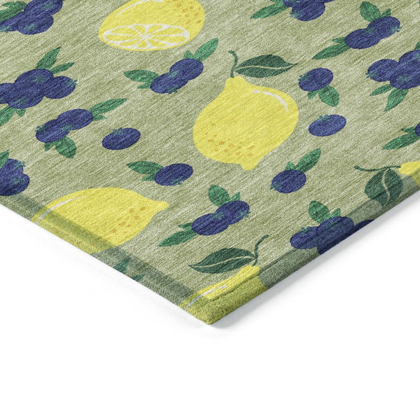 HomeRoots 8' Vibrant Lemons Round Area Rug in Artichoke Green, Yellow & Blue - Washable for Indoor/Outdoor Use 661119