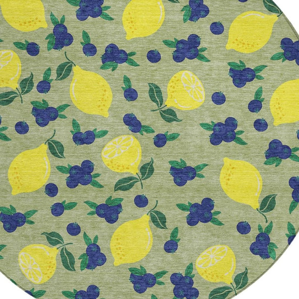 HomeRoots 8' Vibrant Lemons Round Area Rug in Artichoke Green, Yellow & Blue - Washable for Indoor/Outdoor Use 661119