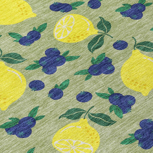 HomeRoots 8' Vibrant Lemons Round Area Rug in Artichoke Green, Yellow & Blue - Washable for Indoor/Outdoor Use 661119