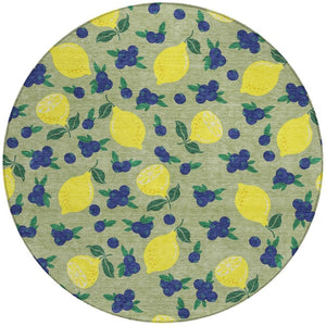 HomeRoots 8' Vibrant Lemons Round Area Rug in Artichoke Green, Yellow & Blue - Washable for Indoor/Outdoor Use 661119