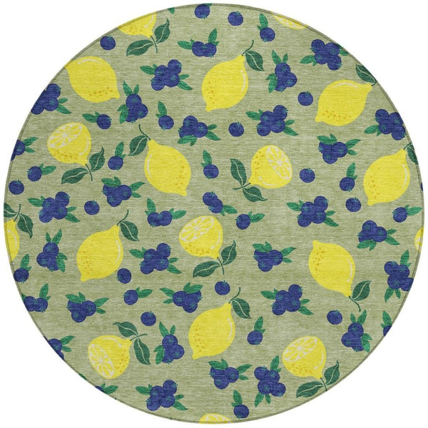 HomeRoots 8' Vibrant Lemons Round Area Rug in Artichoke Green, Yellow & Blue - Washable for Indoor/Outdoor Use 661119