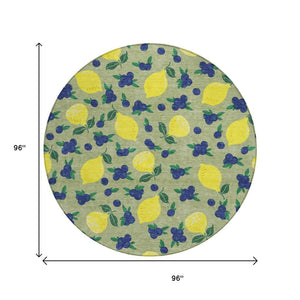 HomeRoots 8' Vibrant Lemons Round Area Rug in Artichoke Green, Yellow & Blue - Washable for Indoor/Outdoor Use 661119