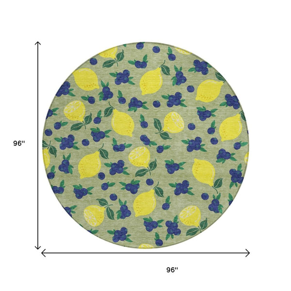 HomeRoots 8' Vibrant Lemons Round Area Rug in Artichoke Green, Yellow & Blue - Washable for Indoor/Outdoor Use 661119