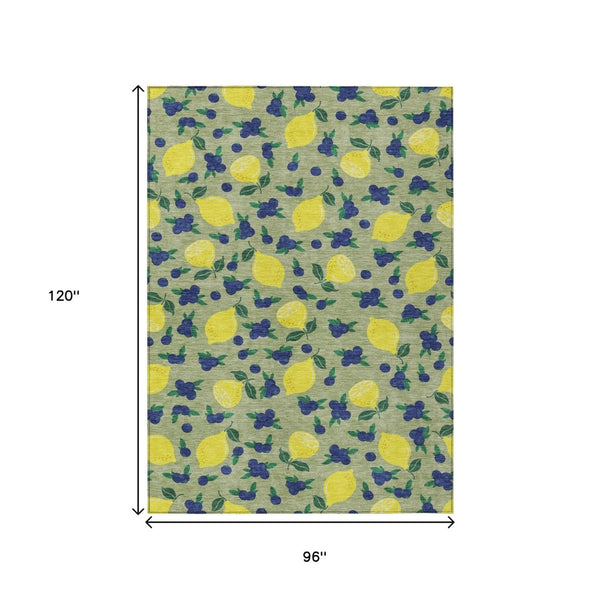 HomeRoots 8' Washable Area Rug with Vibrant Artichoke Green, Yellow & Blue Lemon Motifs - Indoor/Outdoor Decor 661120