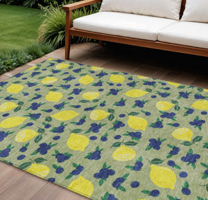 HomeRoots 8' Washable Area Rug with Vibrant Artichoke Green, Yellow & Blue Lemon Motifs - Indoor/Outdoor Decor 661120