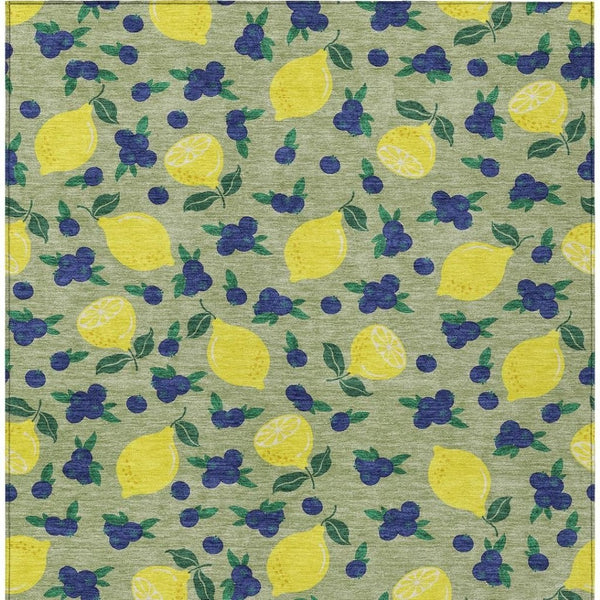 HomeRoots 10' Vibrant Lemons Area Rug in Artichoke Green, Yellow & Blue - Washable for Indoor & Outdoor Use 661122