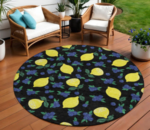 HomeRoots 8' Vibrant Black Yellow Blue Round Lemons Washable Area Rug for Indoor Outdoor Spaces - Durable & Stylish 661125