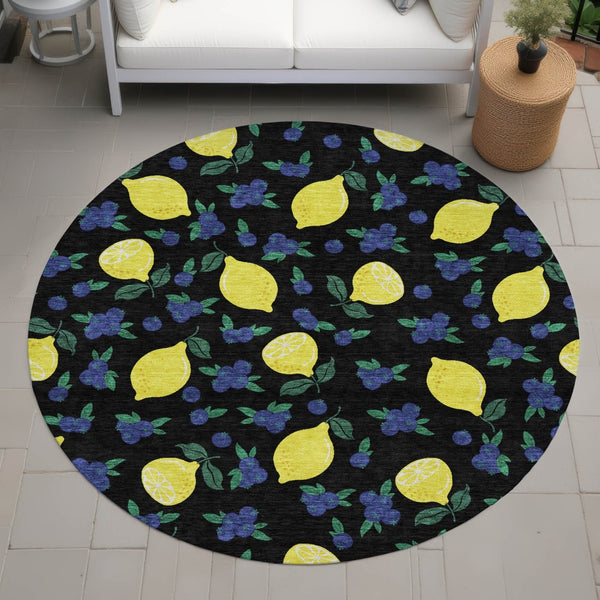 HomeRoots 8' Vibrant Black Yellow Blue Round Lemons Washable Area Rug for Indoor Outdoor Spaces - Durable & Stylish 661125
