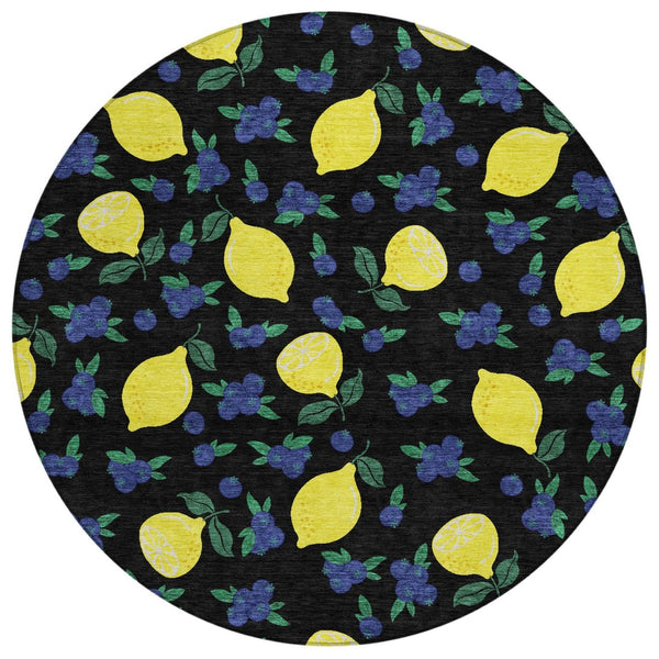 HomeRoots 8' Vibrant Black Yellow Blue Round Lemons Washable Area Rug for Indoor Outdoor Spaces - Durable & Stylish 661125