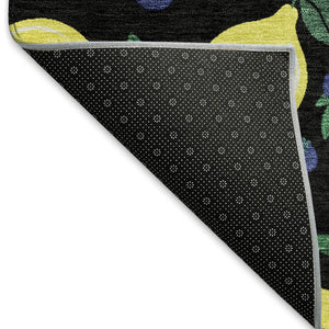HomeRoots 8' Vibrant Black Yellow Blue Round Lemons Washable Area Rug for Indoor Outdoor Spaces - Durable & Stylish 661125