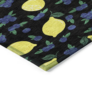HomeRoots 8' Vibrant Black Yellow Blue Round Lemons Washable Area Rug for Indoor Outdoor Spaces - Durable & Stylish 661125