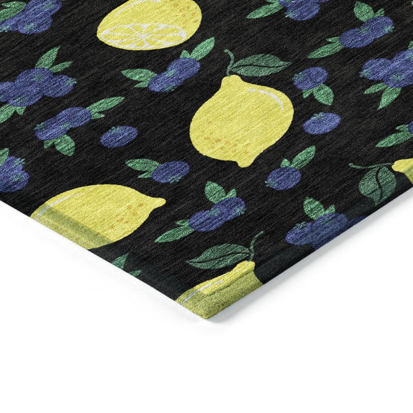 HomeRoots 8' Vibrant Black Yellow Blue Round Lemons Washable Area Rug for Indoor Outdoor Spaces - Durable & Stylish 661125