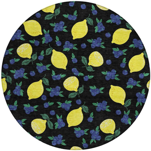 HomeRoots 8' Vibrant Black Yellow Blue Round Lemons Washable Area Rug for Indoor Outdoor Spaces - Durable & Stylish 661125