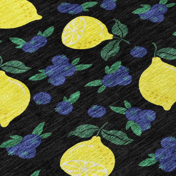 HomeRoots 8' Vibrant Black Yellow Blue Round Lemons Washable Area Rug for Indoor Outdoor Spaces - Durable & Stylish 661125