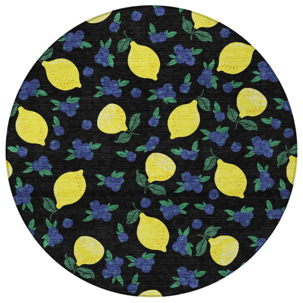 HomeRoots 8' Vibrant Black Yellow Blue Round Lemons Washable Area Rug for Indoor Outdoor Spaces - Durable & Stylish 661125