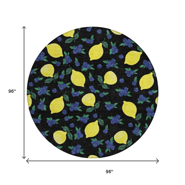 HomeRoots 8' Vibrant Black Yellow Blue Round Lemons Washable Area Rug for Indoor Outdoor Spaces - Durable & Stylish 661125