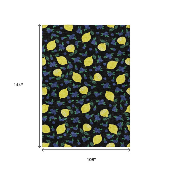 HomeRoots 9' X 12' Vibrant Black Yellow Blue Lemons Washable Rug - Perfect for Indoor & Outdoor Spaces! 661127