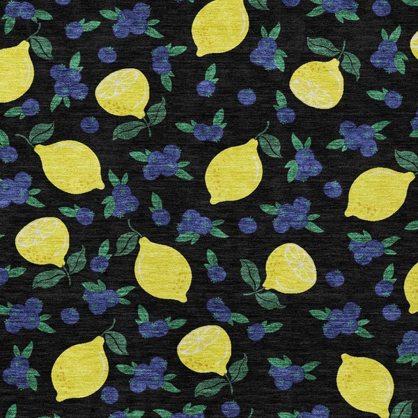 HomeRoots 9' X 12' Vibrant Black Yellow Blue Lemons Washable Rug - Perfect for Indoor & Outdoor Spaces! 661127