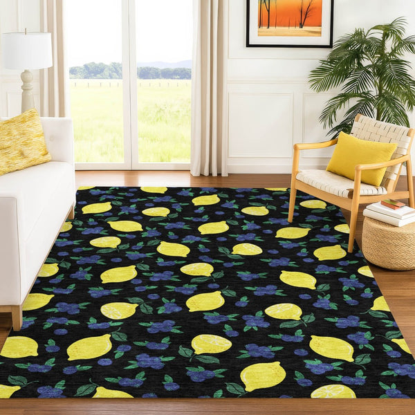 HomeRoots 10' Vibrant Lemons Washable Indoor/Outdoor Area Rug - Bold Black, Yellow & Blue Design for High-Traffic Areas 661128