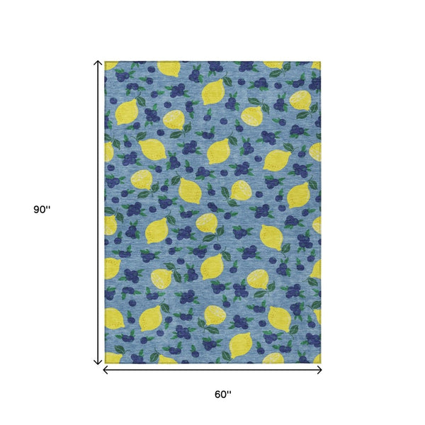 HomeRoots 5' Vibrant Denim Blue, Yellow & Green Lemons Indoor/Outdoor Area Rug - Washable & Slip-Resistant! 661130
