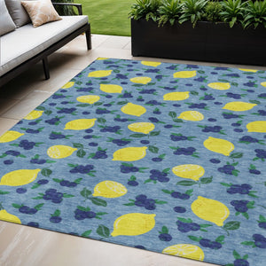 HomeRoots 5' Vibrant Denim Blue, Yellow & Green Lemons Indoor/Outdoor Area Rug - Washable & Slip-Resistant! 661130